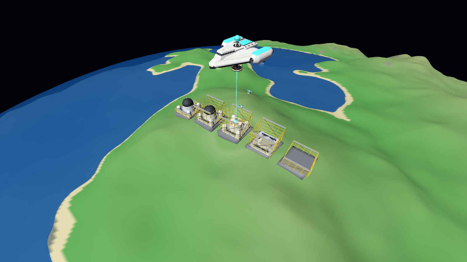 A colony ship hovering over a hillside while five structures rise inside yellow scaffolding
